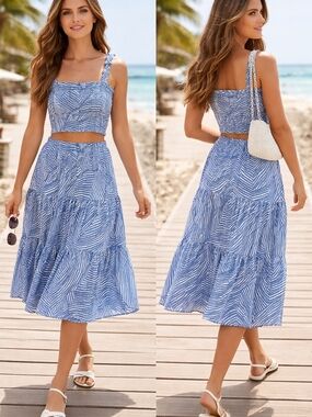 Fat Face Blue White Printed Tiered Midi Skirt and Top.